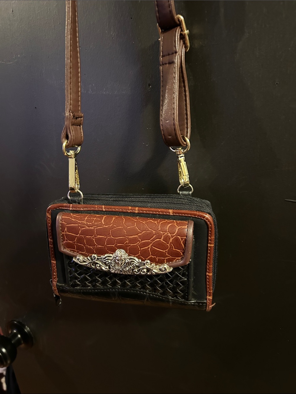 Women's Brown and Black Crossbody Wallet with Decorative Accent